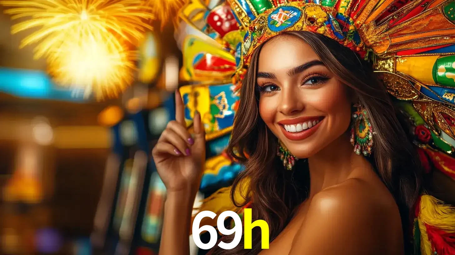 Mulher sorridente com um cocar de carnaval vibrante e colorido, celebrando uma grande vitória nos jogos do cassino 69h com fogos de artifício ao fundo.