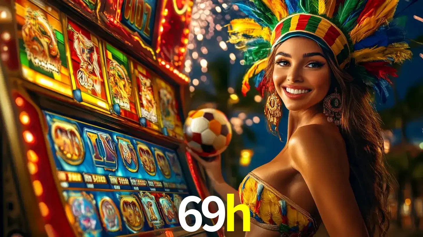 Mulher com um cocar de carnaval ao lado de uma máquina de caça-níqueis enquanto segura uma bola de futebol, mostrando a união da diversão de cassino e esportes no 69h.