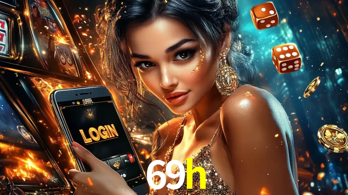Mulher glamourosa segurando um celular com a tela de login do cassino 69h, rodeada por dados e moedas douradas, pronta para começar a diversão.
