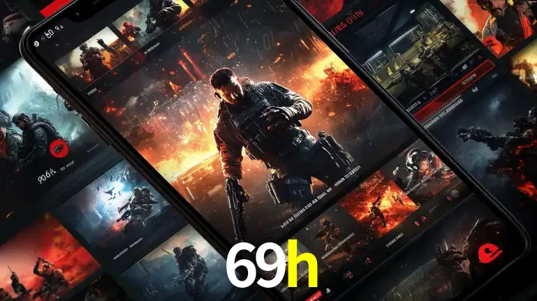 Tela de um celular exibindo uma galeria de jogos de tiro com temática militar, mostrando a variedade de e-sports disponíveis para apostas na plataforma de entretenimento 69h.