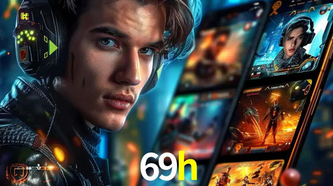 Jovem jogador com fones de ouvido olhando para a câmera, com um aplicativo de jogos e e-sports para celular ao fundo, pronto para a competição e apostas no 69h.