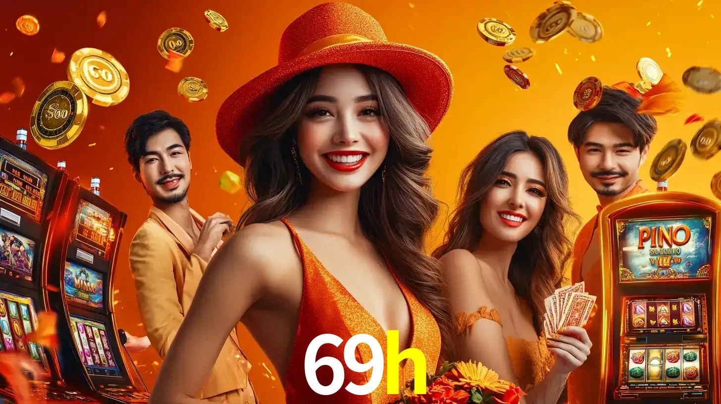 Grupo de amigos asiáticos sorrindo e se divertindo com máquinas de caça-níqueis em um ambiente festivo, celebrando suas vitórias nos jogos de cassino do 69h.