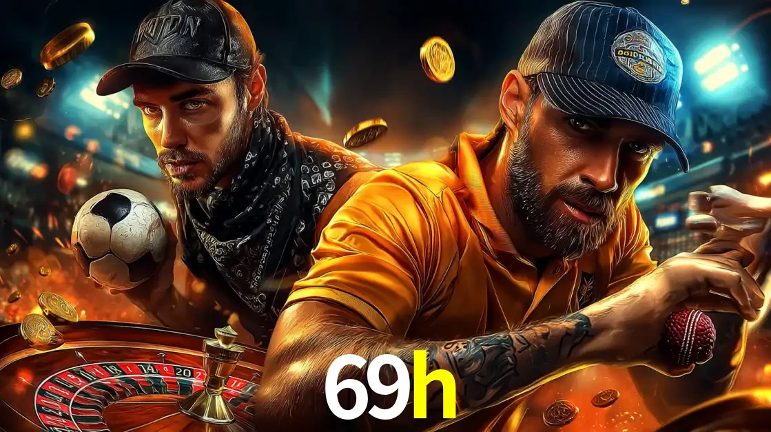 Montagem de apostas esportivas e cassino no 69h, com um homem segurando uma bola de futebol e outro uma de beisebol sobre uma roleta e moedas voadoras.