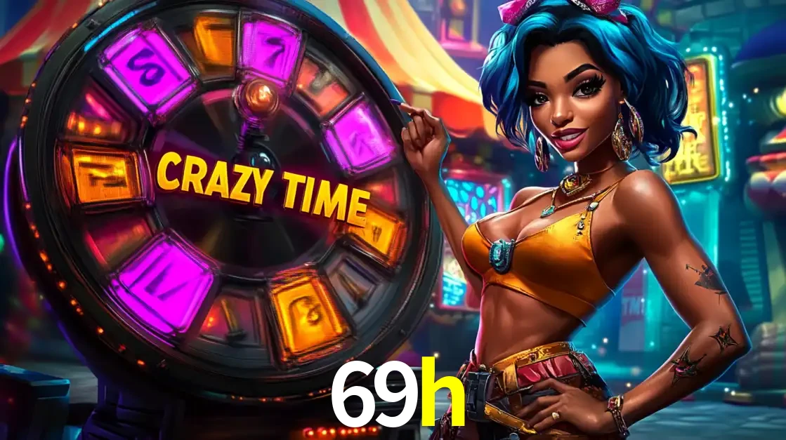 Mulher estilizada com cabelo azul e visual vibrante posando ao lado da roda de prêmios do game show Crazy Time, convidando para a diversão e os bônus do cassino 69h.