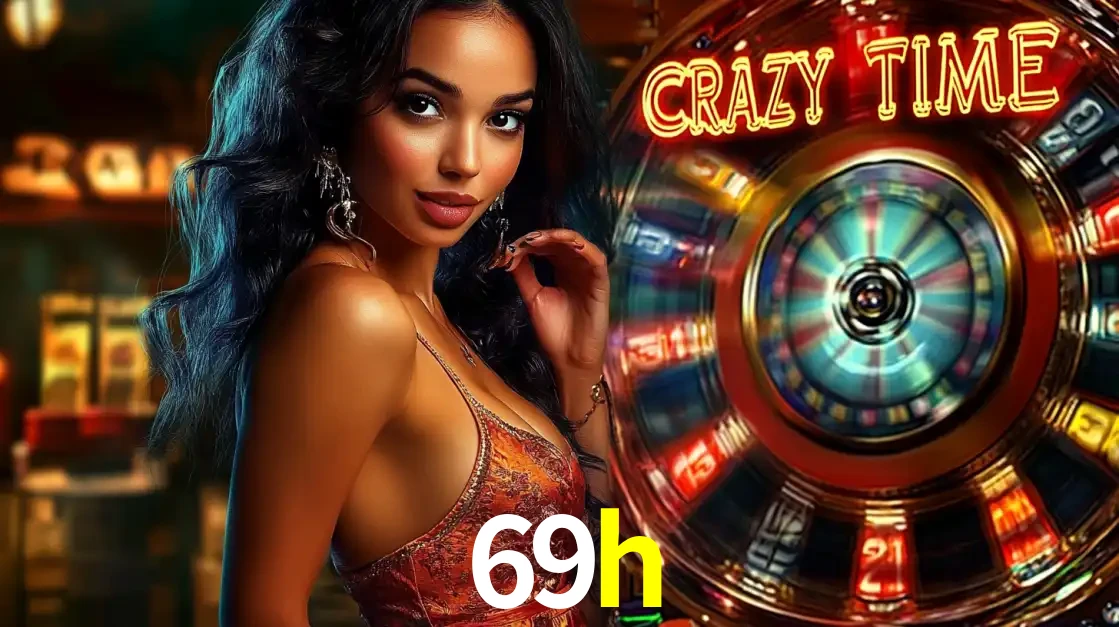 Mulher elegante ao lado da vibrante roda da fortuna do jogo de cassino ao vivo Crazy Time, um dos game shows mais populares e cheios de prêmios do 69h.
